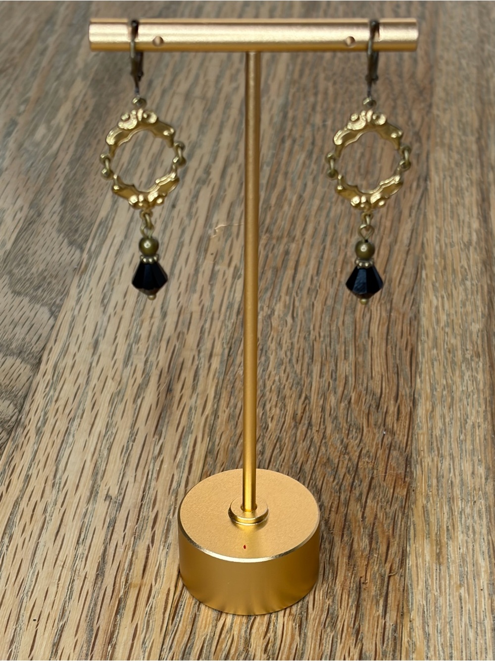 Gold-Tone Filigree Drop Earrings with Black Beads